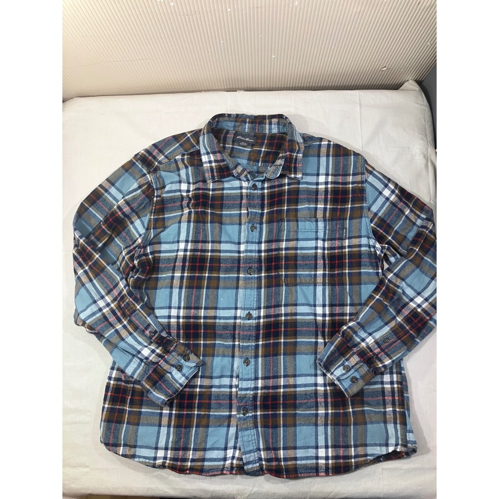 Eddie Bauer Mens XXL Blue Plaid Flannel Long Sleeve‎ Button Front Shirt Cotton